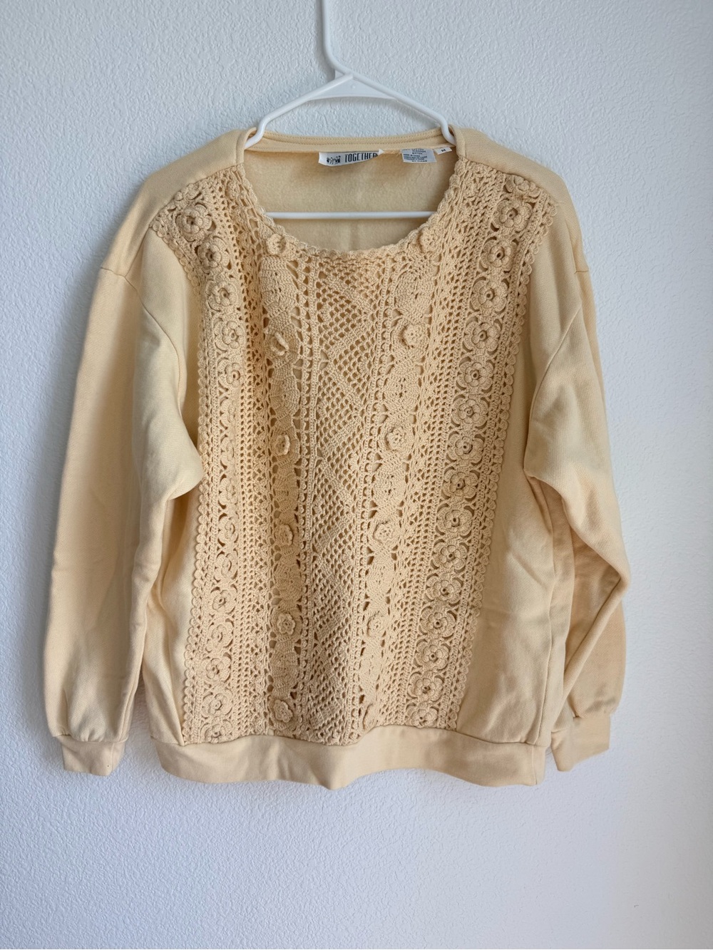 Vintage Together Butter Yellow Crochet-Front Crewneck Sweater